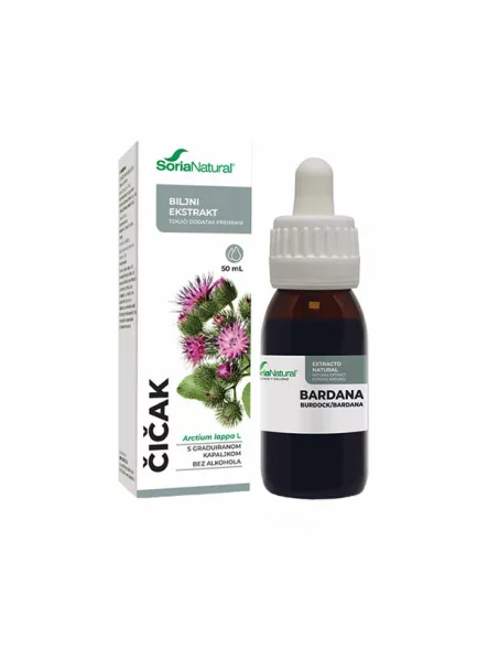 Soria Natural burdock drops in a 50ml glass bottle with a dropper
