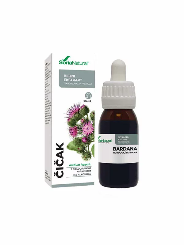 Soria Natural burdock drops in a 50ml glass bottle with a dropper