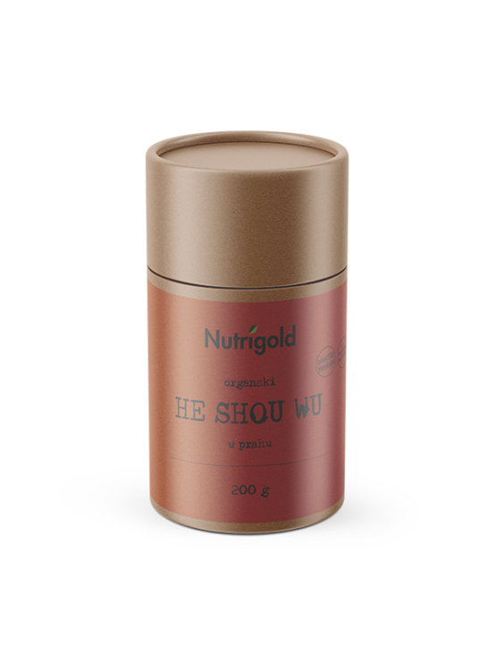 Nutrigold organic He Shou Wu powder in a cylinder packaging of 200g