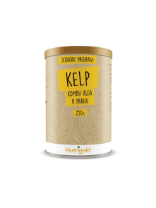 Nutrigold kombu seaweed powder in a brown cylinder shaped packaging of 250g