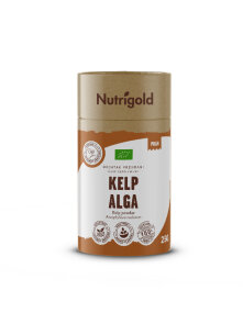 Nutrigold kombu seaweed powder in a brown cylinder shaped packaging of 250g