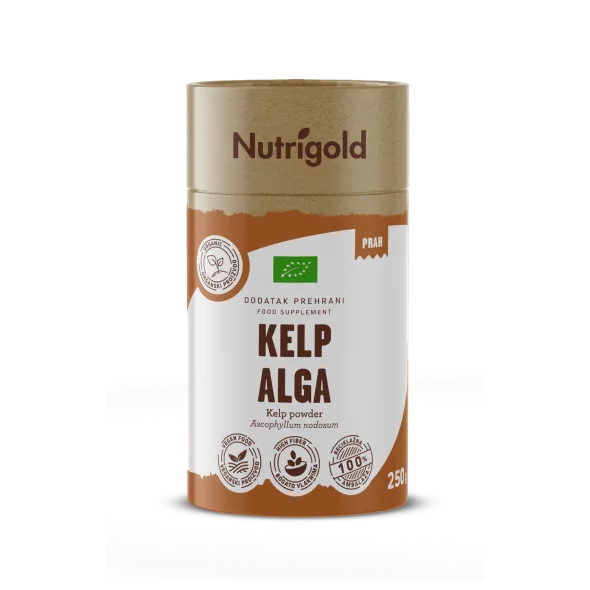 Nutrigold kombu seaweed powder in a brown cylinder shaped packaging of 250g