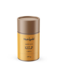 Nutrigold kombu seaweed powder in a brown cylinder shaped packaging of 250g