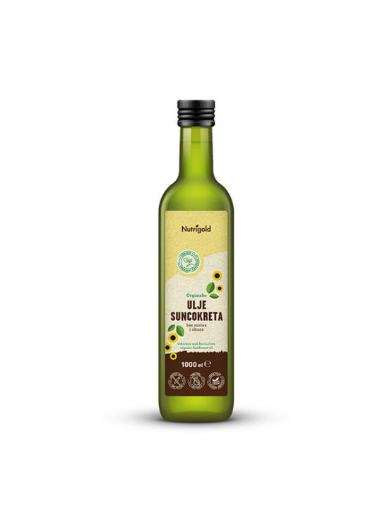 Nutrigold organic odorless and flavorless sunflower oil in a dark glass bottle of 1000ml