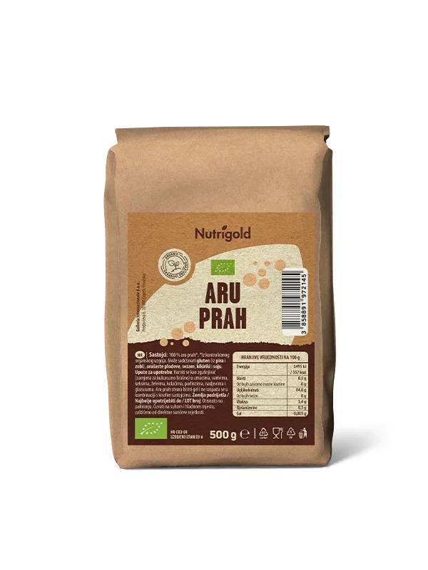 Nutrigold Arrowroot powder, organically cultivated in a brown container of 500 g.