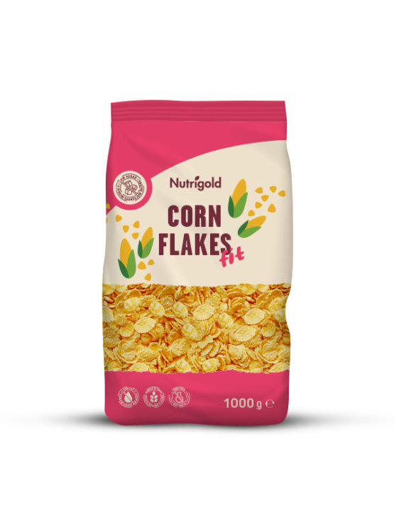 Nutrigold cornflakes fit in a colourful bag of 1000g
