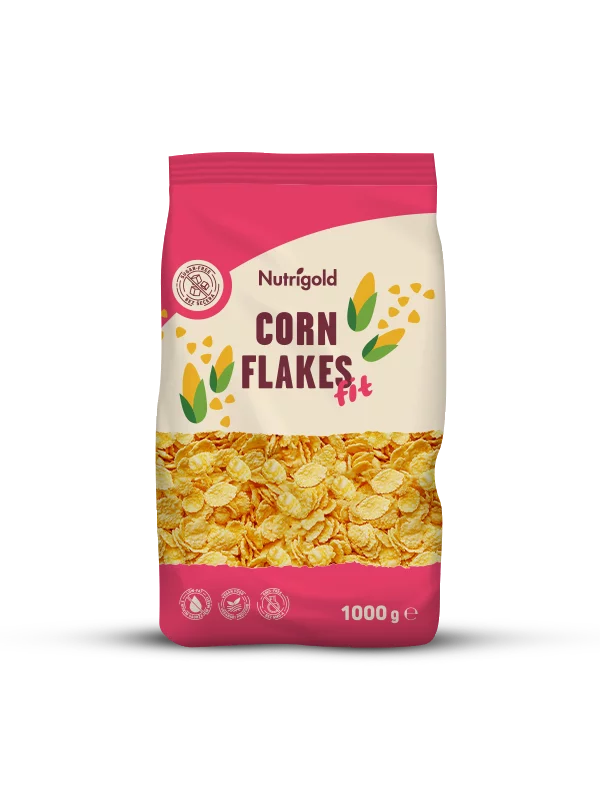 Nutrigold cornflakes fit in a colourful bag of 1000g