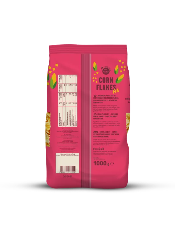 Nutrigold cornflakes fit in a colourful bag of 1000g