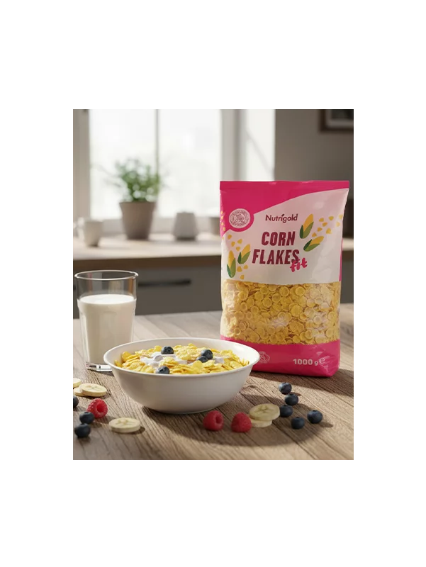Nutrigold cornflakes fit in a colourful bag of 1000g