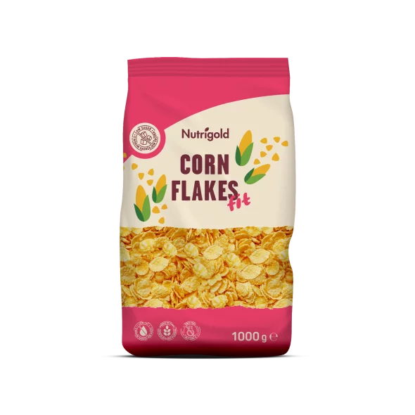 Nutrigold cornflakes fit in a colourful bag of 1000g