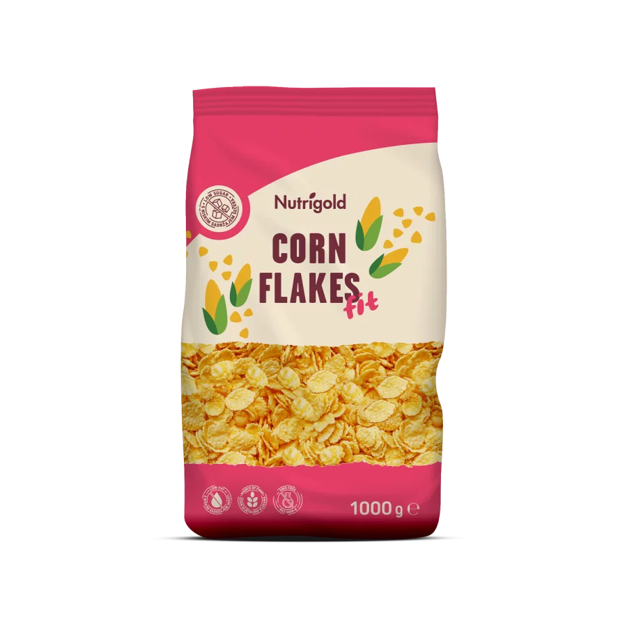 Nutrigold cornflakes fit in a colourful bag of 1000g