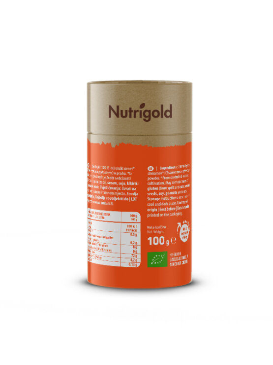 Nutrigold organic Ceylon cinnamon in a cylinder shaped packaging of 100g