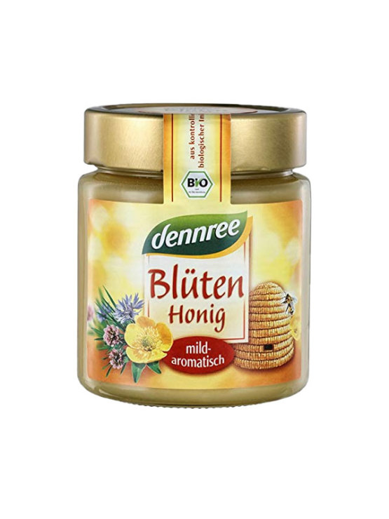 Dennree organic blossom honey in a glass jar of 500g