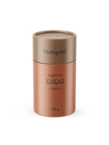 Nutrigold organic cocoa powder in a cylinder shaped cardboard packaging of 250g