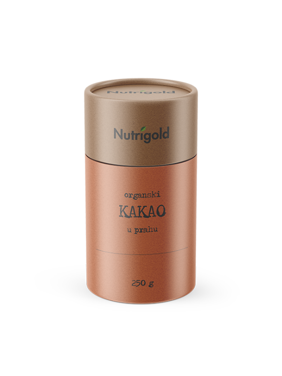 Nutrigold organic cocoa powder in a cylinder shaped cardboard packaging of 250g