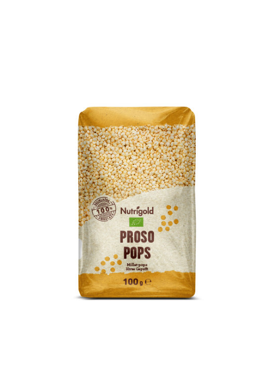 Nutrigold organic millet pops in a packaging of 100g
