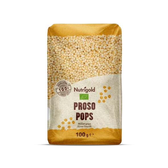 Nutrigold organic millet pops in a packaging of 100g