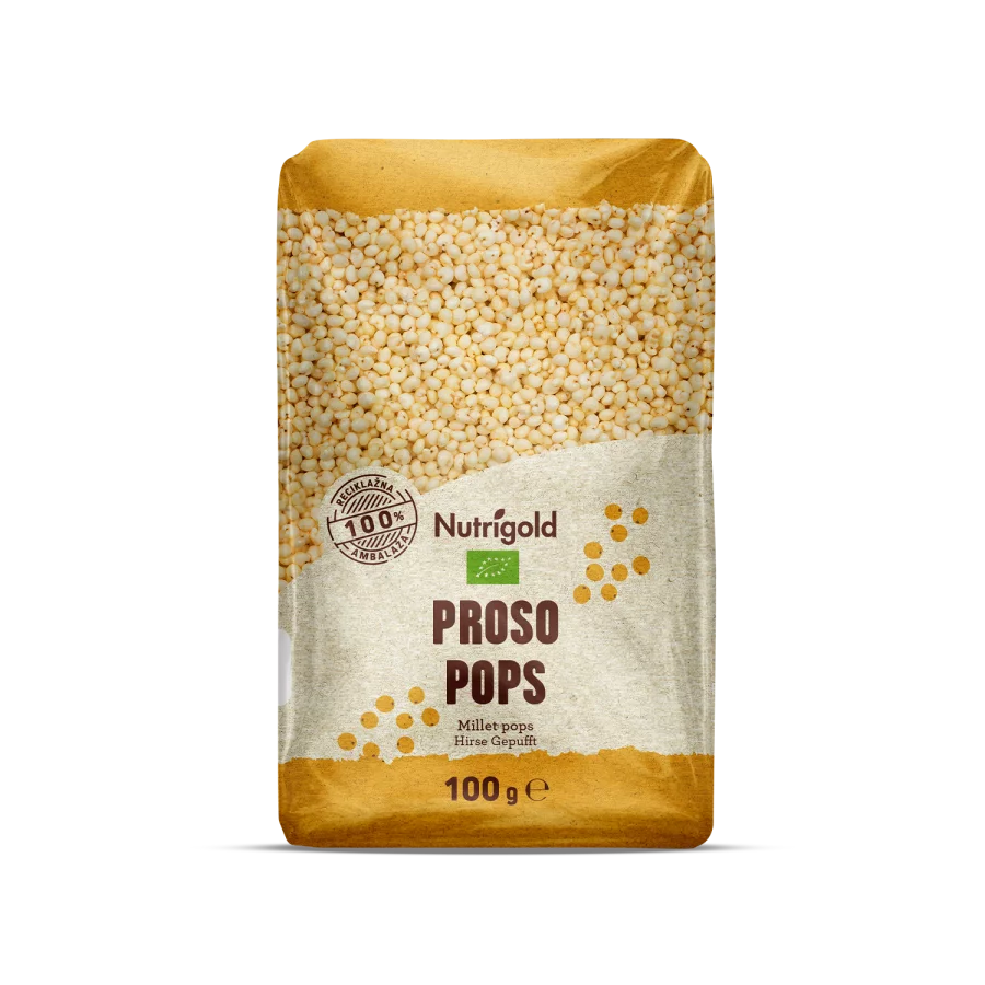 Nutrigold organic millet pops in a packaging of 100g
