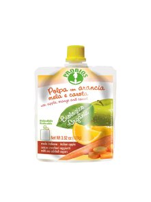 Probios organic orange, apple and carrot puree in a pouch of 100g