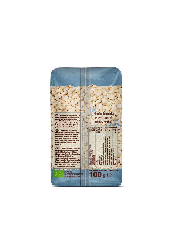 Nutrigold organic rice pops in a transparent packaging of 100g