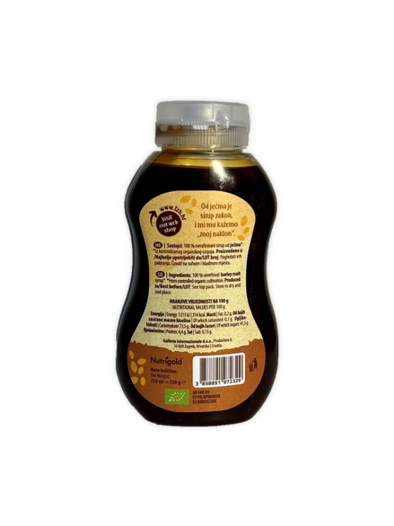 Nutrigold organic barley malt syrup in a squeeze bottle of 350g