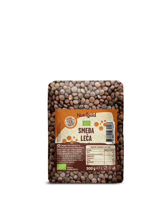 Nutrigold organic brown lentils in a transparent packaging of 500g