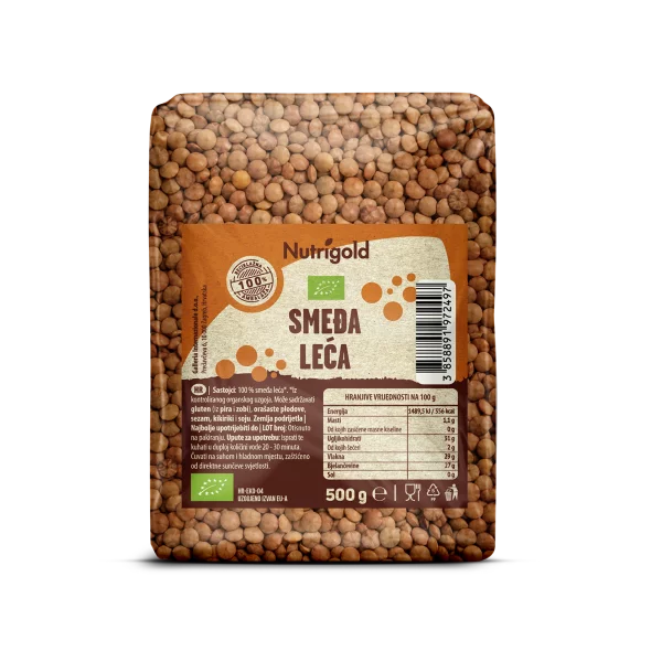 Nutrigold organic brown lentils in a transparent packaging of 500g