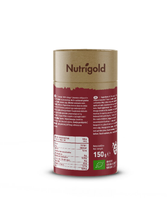 Organic Chaga powder from Nutrigold in cylinder shaped packaging box 150g