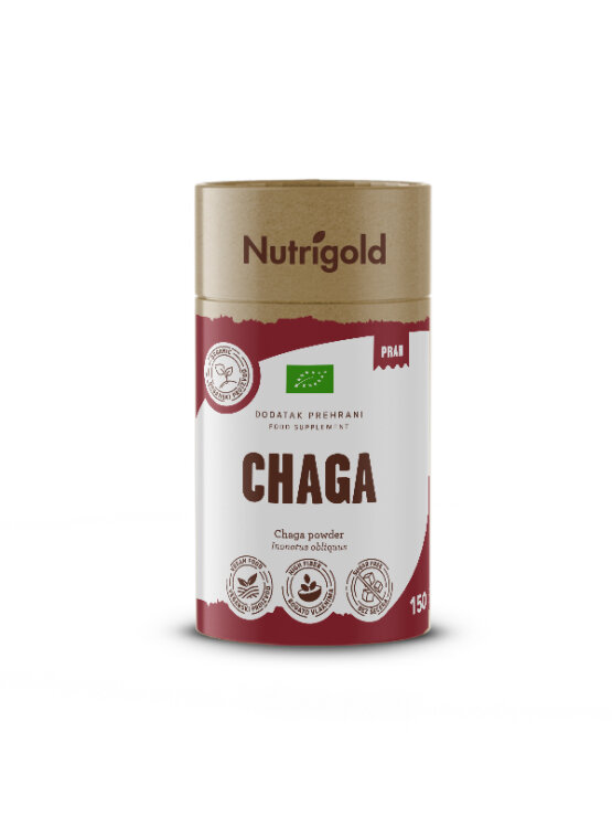 Organic Chaga powder from Nutrigold in cylinder shaped packaging box 150g