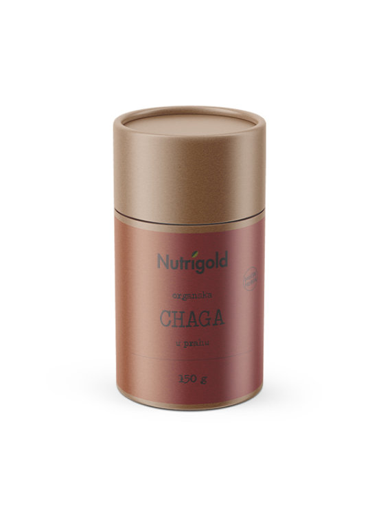 Organic Chaga powder from Nutrigold in cylinder shaped packaging box 150g