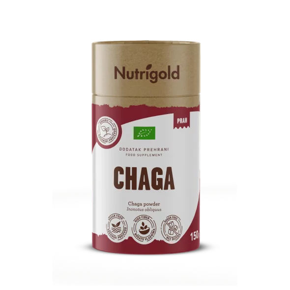 Organic Chaga powder from Nutrigold in cylinder shaped packaging box 150g