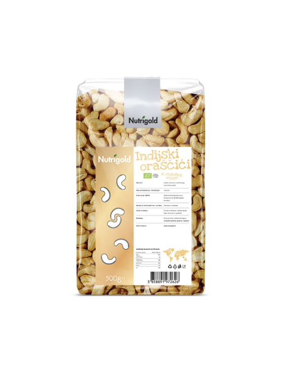 Nutrigold organic whole raw cashews in a packaging containing 500g