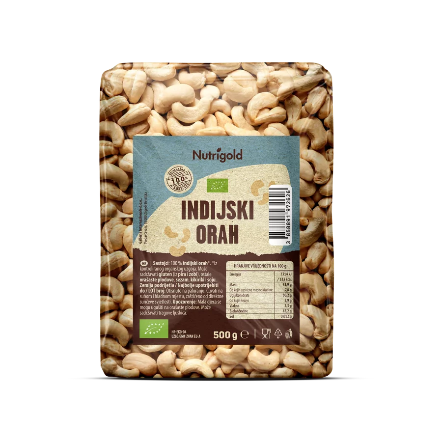 Nutrigold organic whole raw cashews in a packaging containing 500g