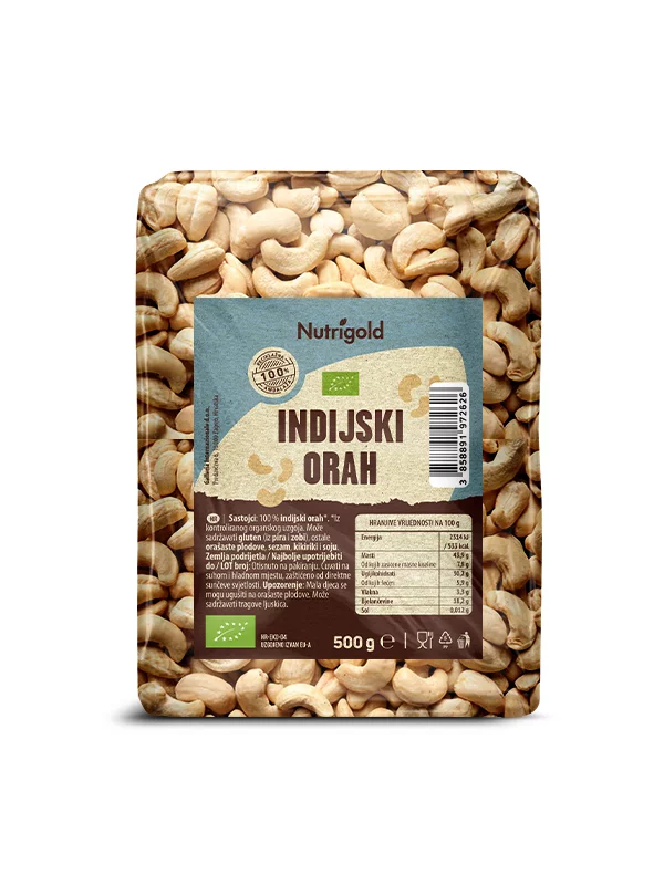 Nutrigold organic whole raw cashews in a packaging containing 500g
