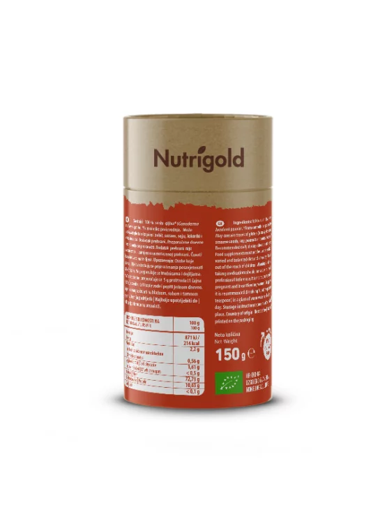 Nutrigold organic reishi powder in cylinder packaging of 150g