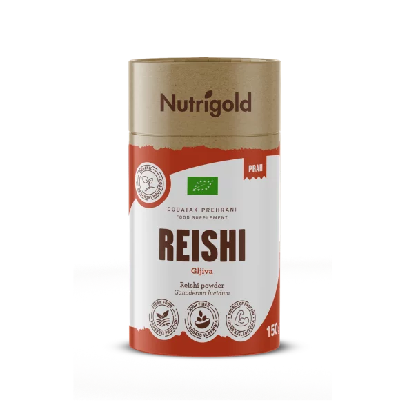 Nutrigold organic reishi powder in cylinder packaging of 150g