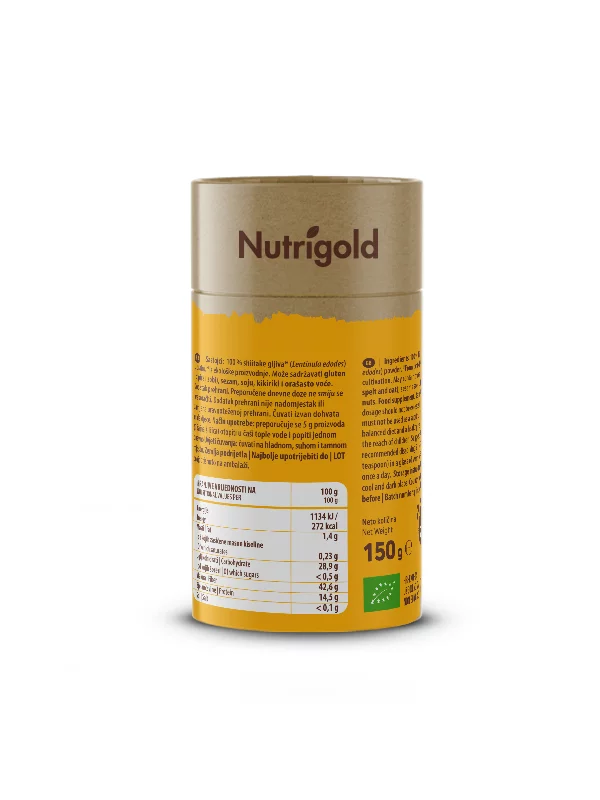 Nutrigold organic shiitake powder in a cylinder-shaped packaging of 150g