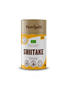Nutrigold organic shiitake powder in a cylinder-shaped packaging of 150g