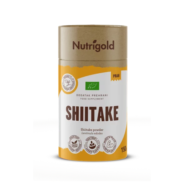 Nutrigold organic shiitake powder in a cylinder-shaped packaging of 150g
