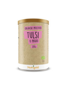 Nutrigold organic tulsi powder in a cylindrical cardboard packaging of 200g