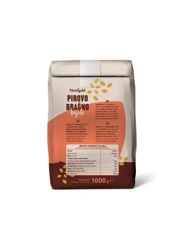 Nutrigold white spelt flour in a packaging of 1000g