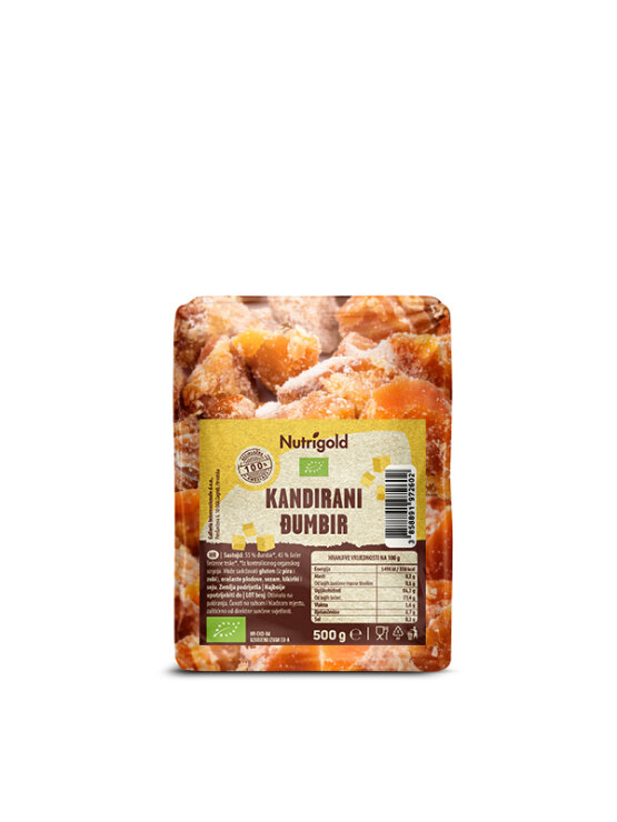 Nutrigold organic candied ginger in a transparent packaging of 500g