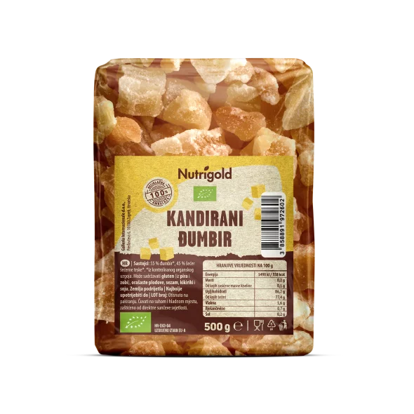 Nutrigold organic candied ginger in a transparent packaging of 500g