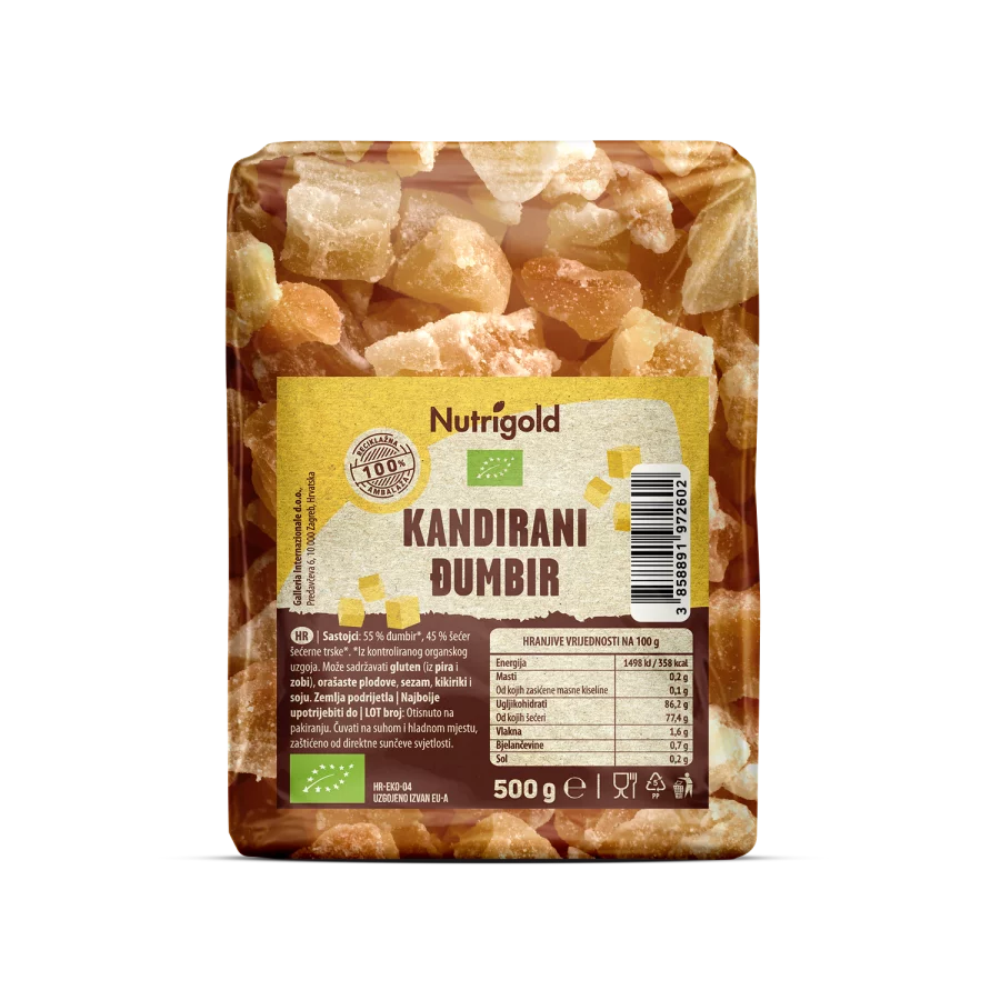 Nutrigold organic candied ginger in a transparent packaging of 500g