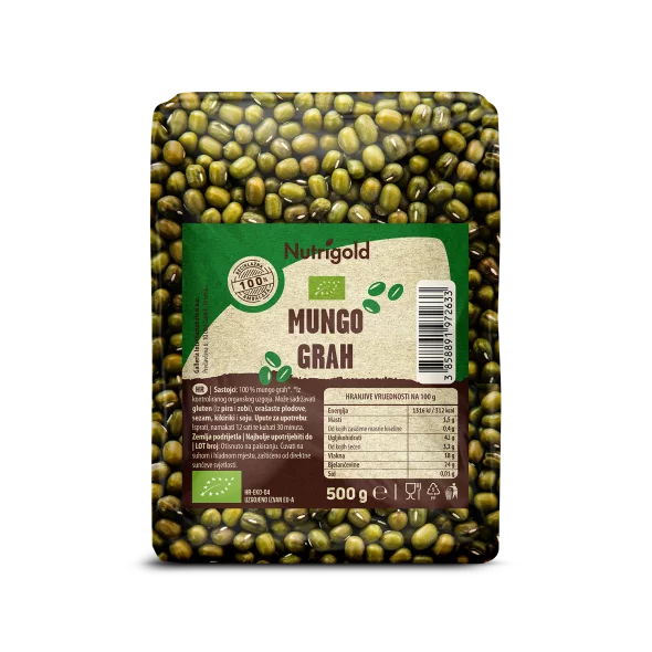 Nutrigold organic mung beans in a transparent packaging of 500g