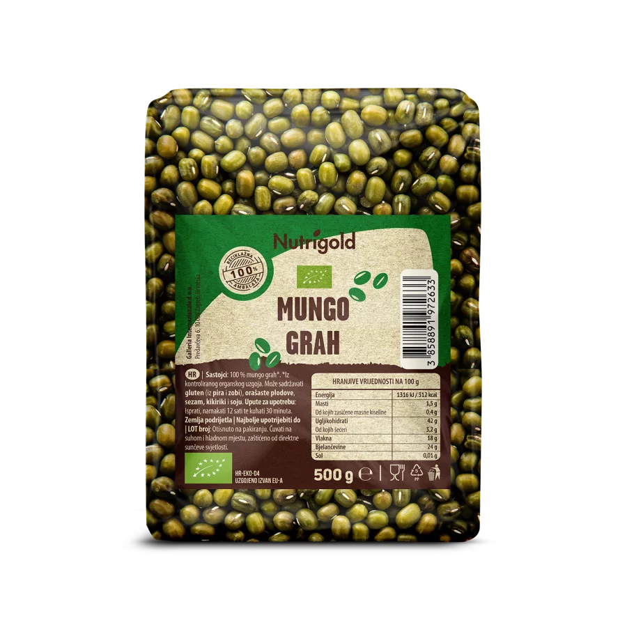 Nutrigold organic mung beans in a transparent packaging of 500g