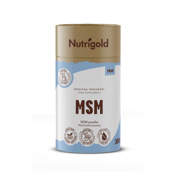 Nutrigold MSM powder in a blue cardboard cylinder shaped packaging of 300g