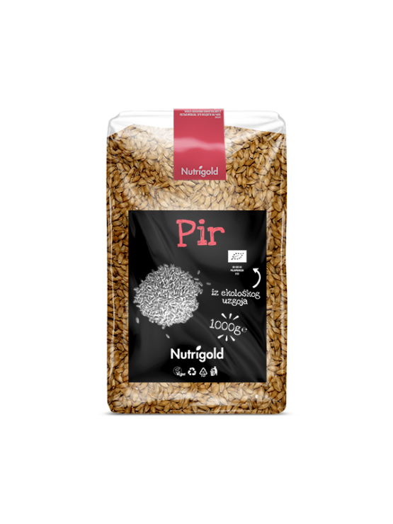 Nutrigold organic hulled spelt in a transparent packaging of 1000g