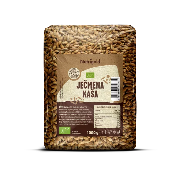 Nutrigold organic hulled barley in a transparent packaging of 1000g
