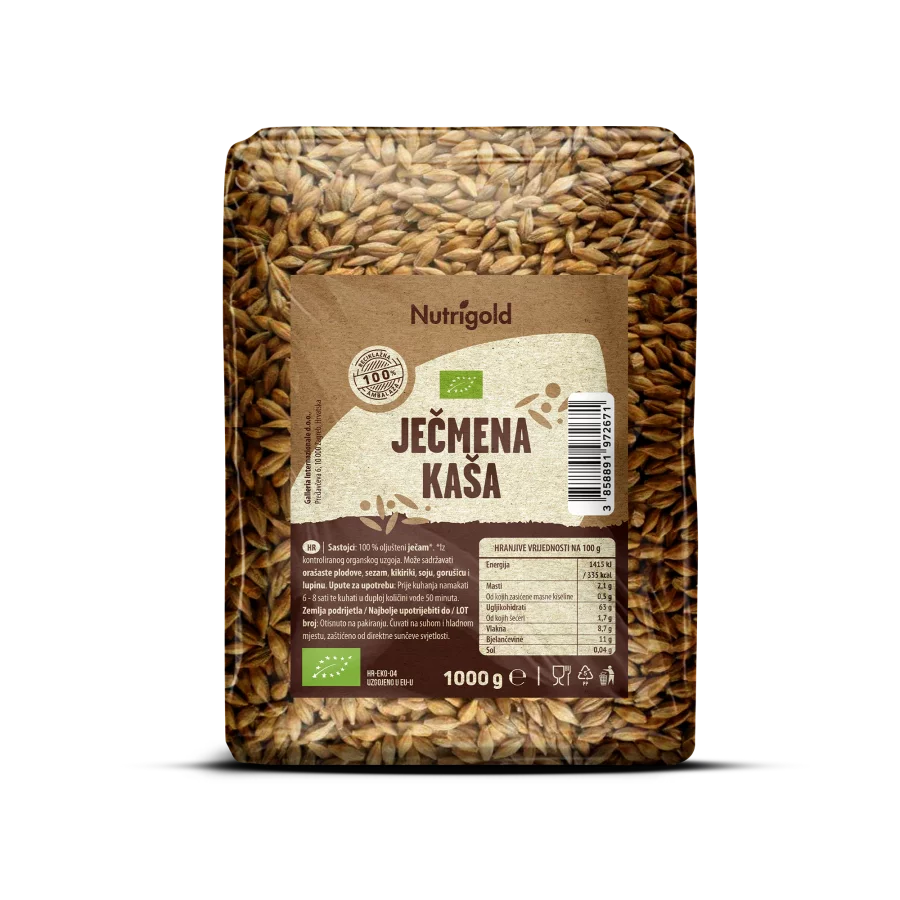 Nutrigold organic hulled barley in a transparent packaging of 1000g
